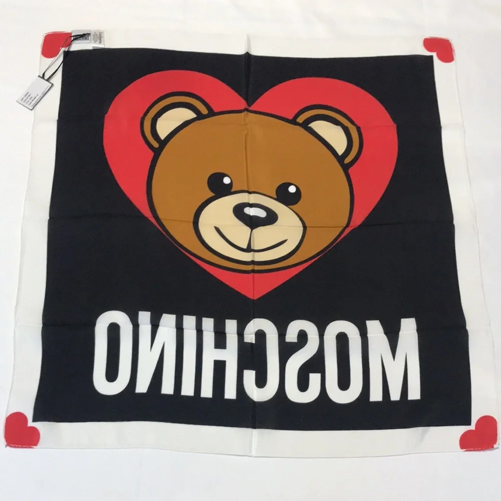 Moschino Teddy Bear Heart Scarf 100% Silk Made in Italy 26x25 NWT